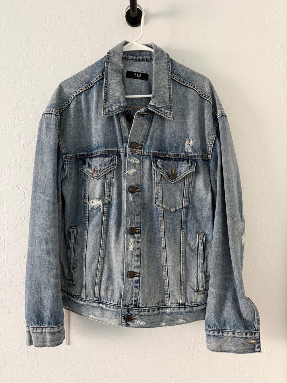 ABLE Merly Distressed Denim Jean Jacket - XXL - Light Wash